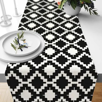 Geometric Design Table Runner - Aztec Black n White Pattern