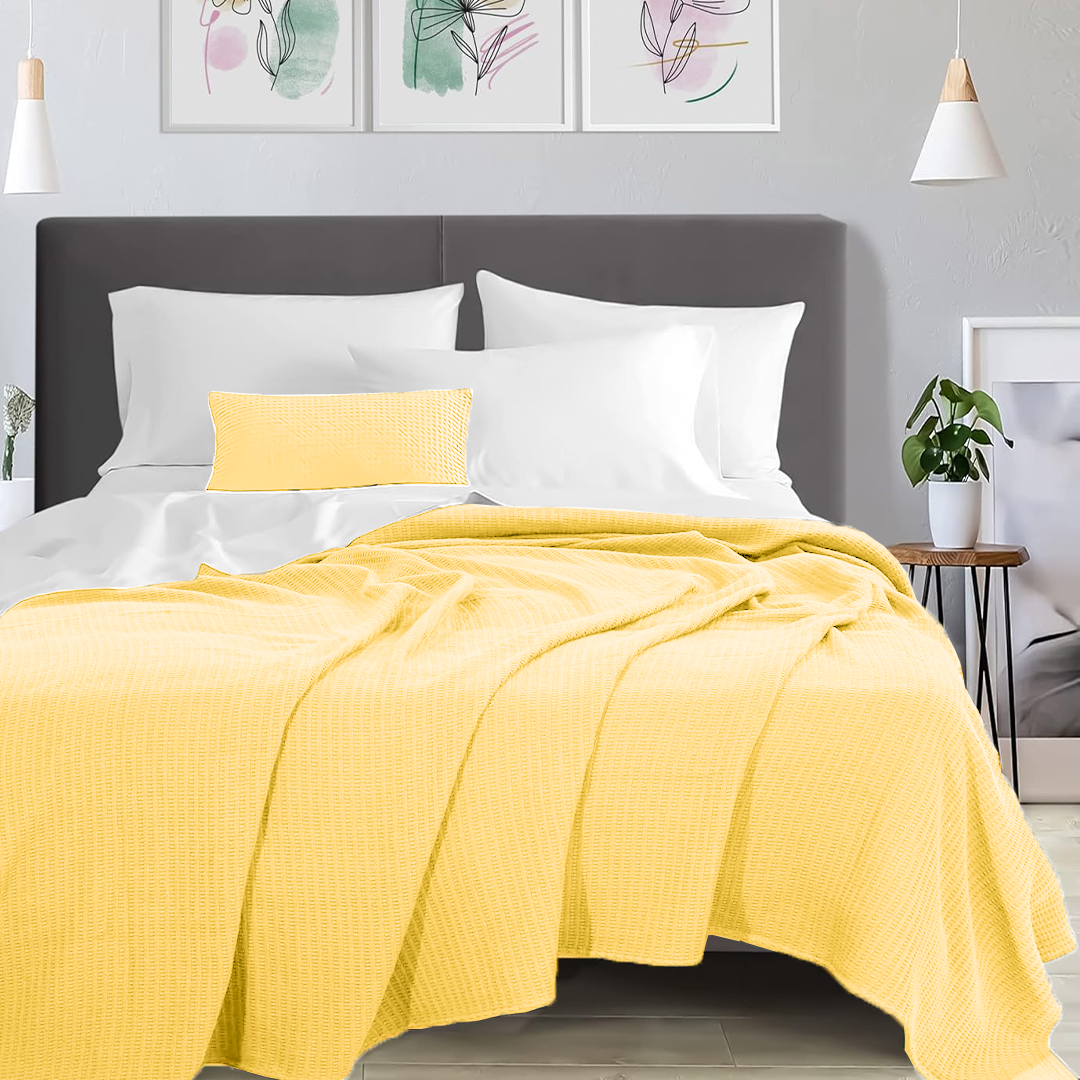 Yellow Cotton Waffle Weave Blanket | Lightweight | Breathable | Summer | AC Comforter