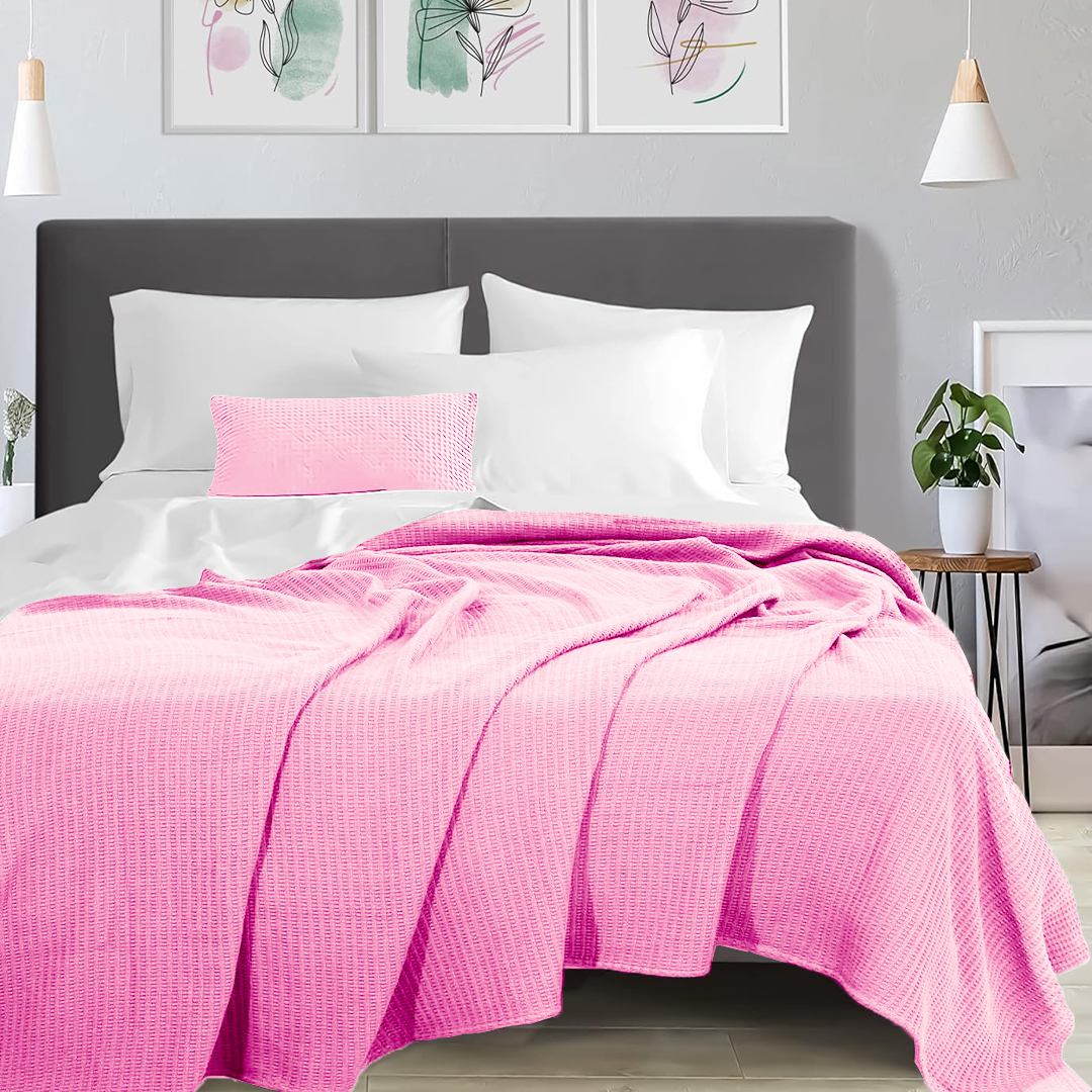 Pink Cotton Waffle Weave Blanket | Lightweight | Breathable | Summer | AC Comforter